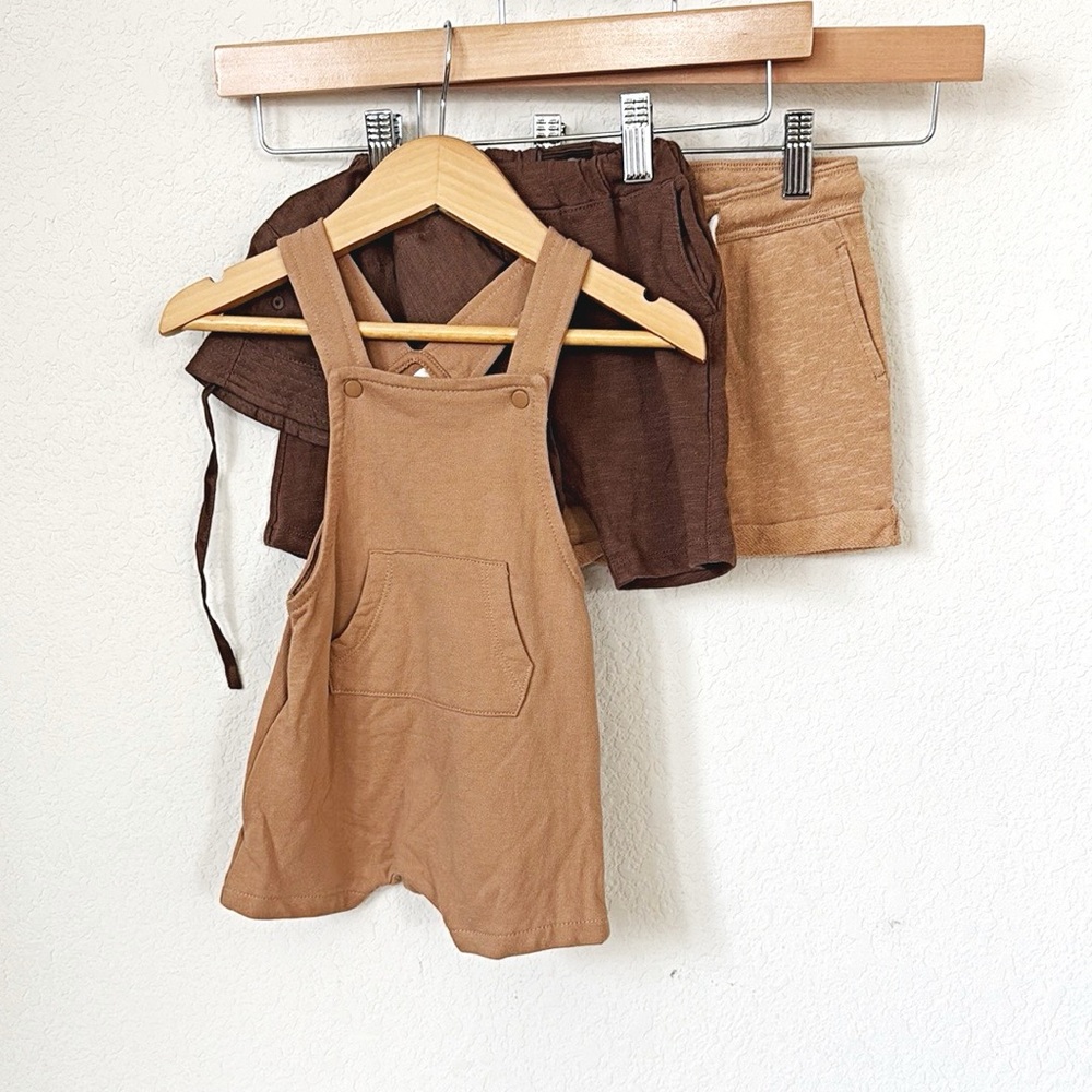 H&M • Baby 4-Piece Neutral Overall Romper & Shorts Bundle Brown Tan